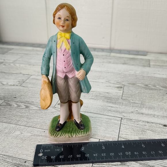 Colonial Man Holding Hat Figurine 6" Tall Green Jacket Yellow Tie Home Decor - Picture 4 of 9